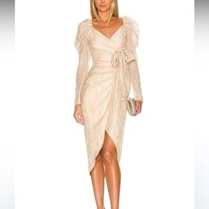 Tularosa Renee Midi Dress beige Sandstone Shimmer XS retail $238 puff sleeves